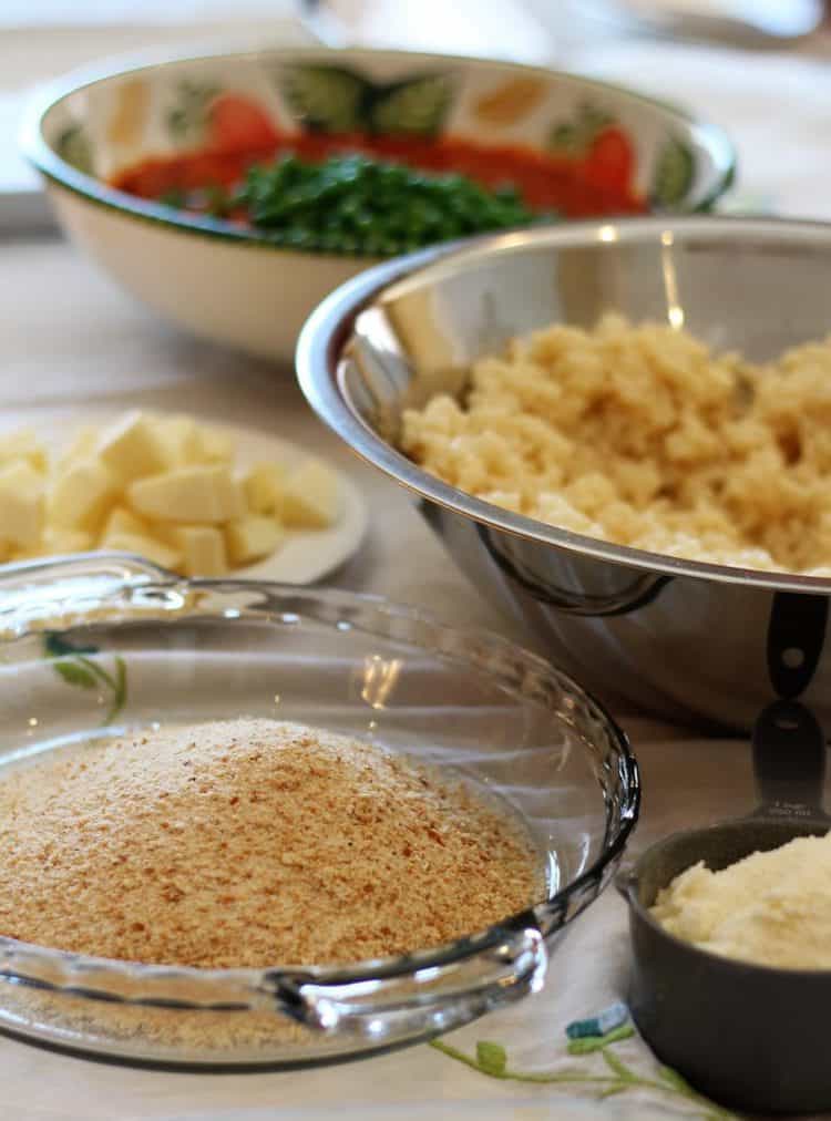 ingredients in bowls for assembly of arancini