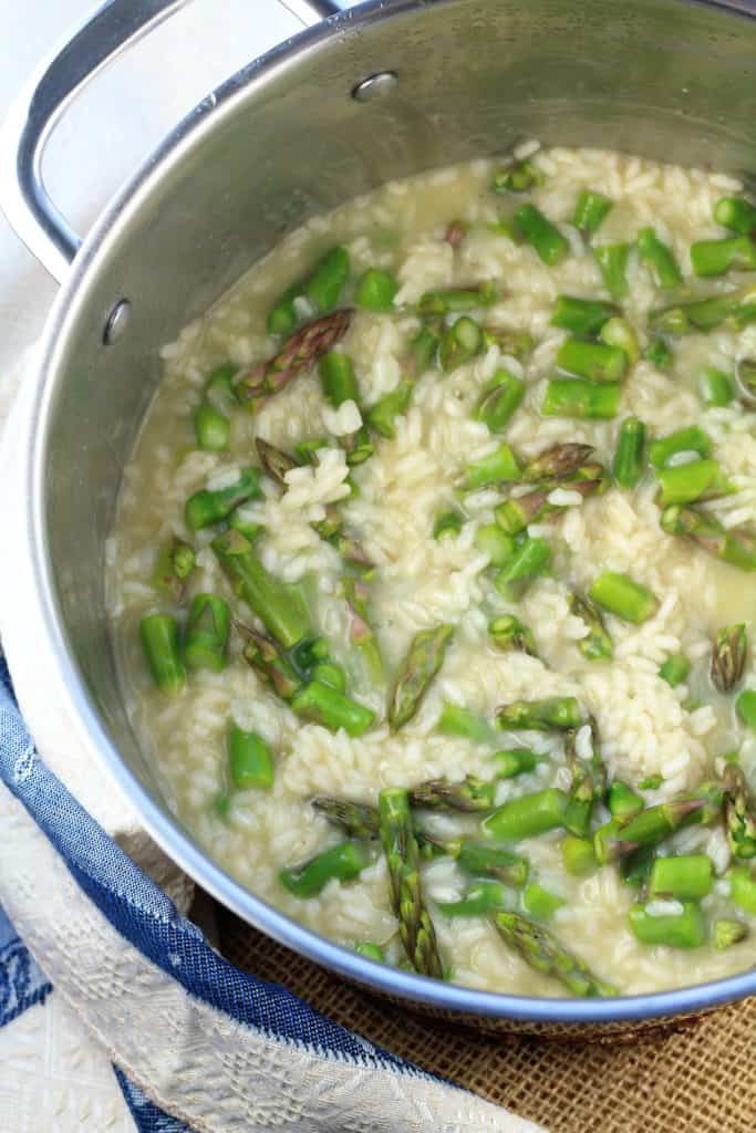 Lemony Asparagus Risotto cooking in sauce pan