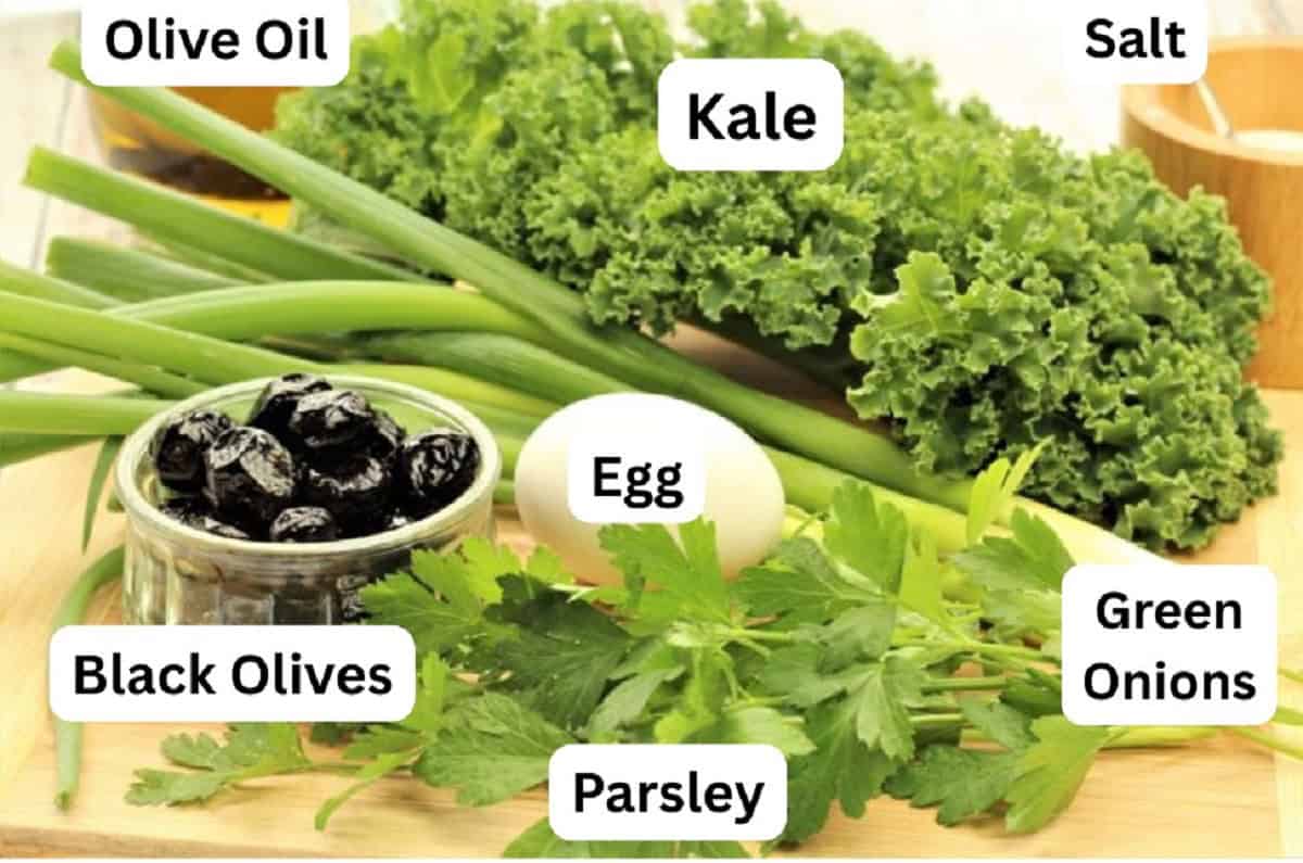 Fried Eggs with Greens Kale, green onions, parsley, black olives, egg, olive oil and salt.