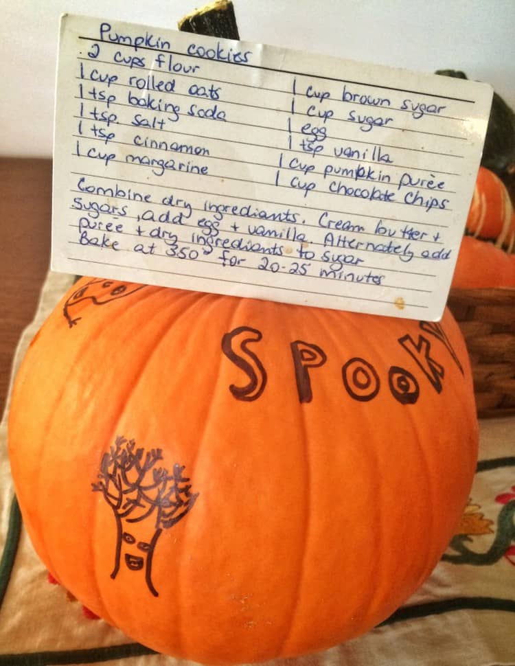 mni decorated pumpkin with recipe card on top