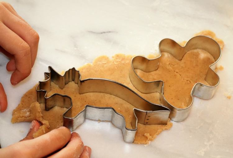 cutting out dinosaur cookie shapes