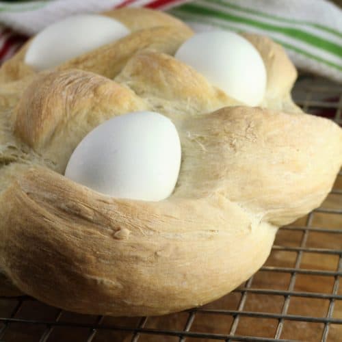 Braided Easter bread with eggs.