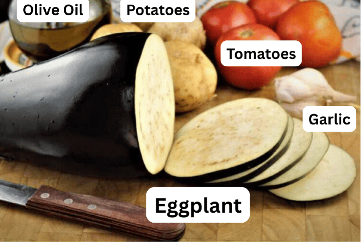 Baked Eggplant and Potatoes with Tomato Sauce Sliced eggplant, garlic, tomatoes, potatoes and olive oil.