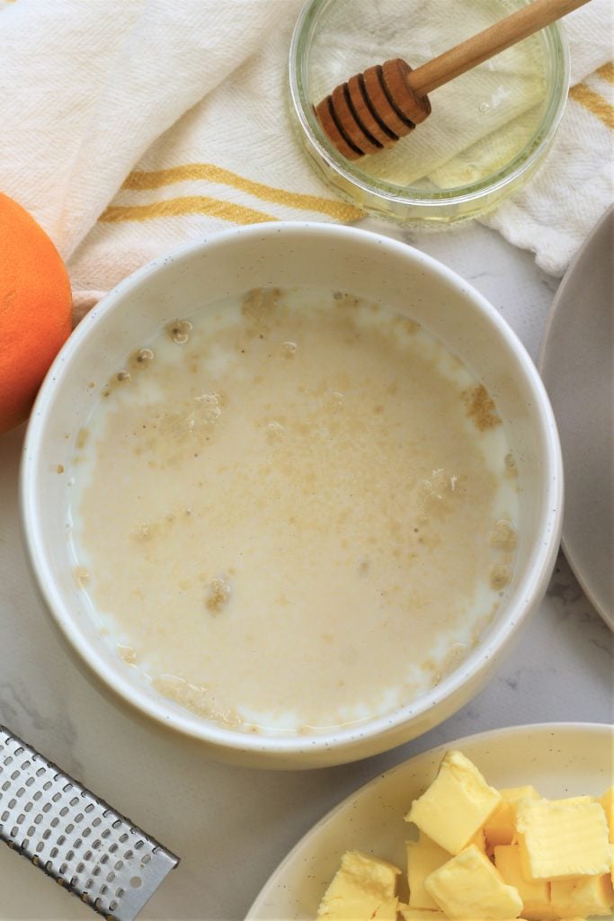 Bowl with proofed yeast in it.