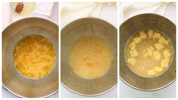 Steps by step images for making brioche dough in food procesor bowl.