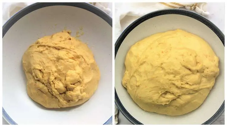 before and after images of proofed brioche dough in bowl