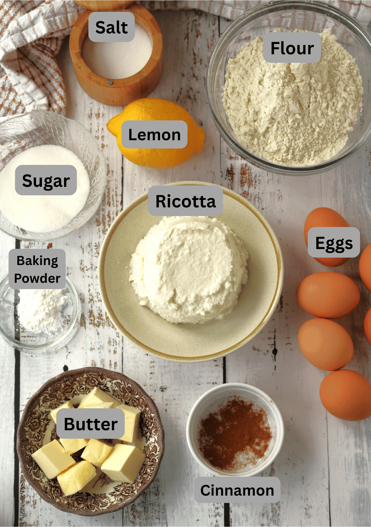 Ingredients in bowls for ricotta pie.