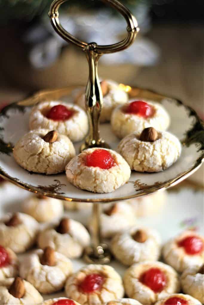 Chewy Amaretti (Italian Almond Cookies) on two tiered decorative plate