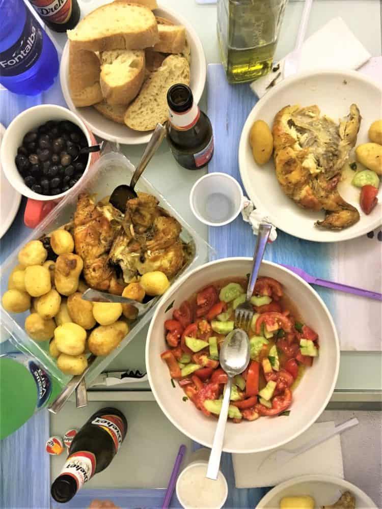 overhead table view of chicken dinner