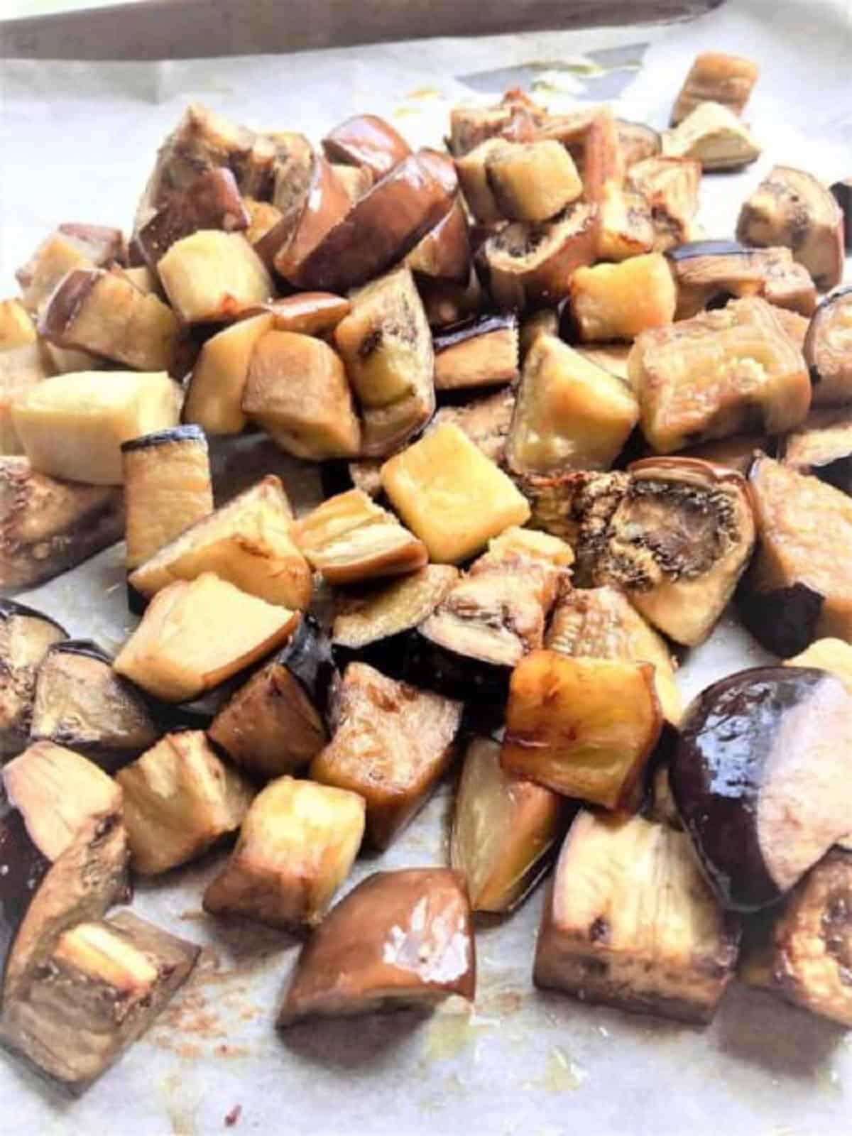 Oven roasted eggplant for caponata recipe.