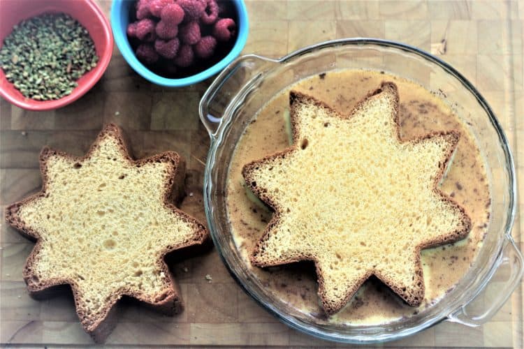 dredging Pandoro slices in dish with milk/eggs