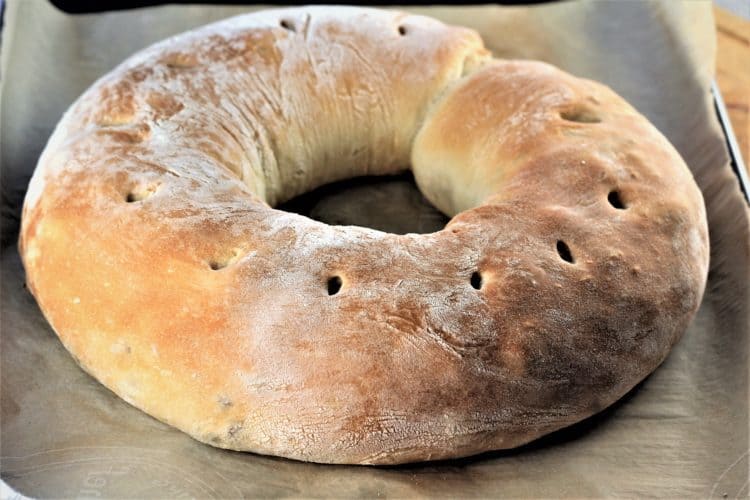 baked wheel of Sicilian Sausage Bread (Bignolati)