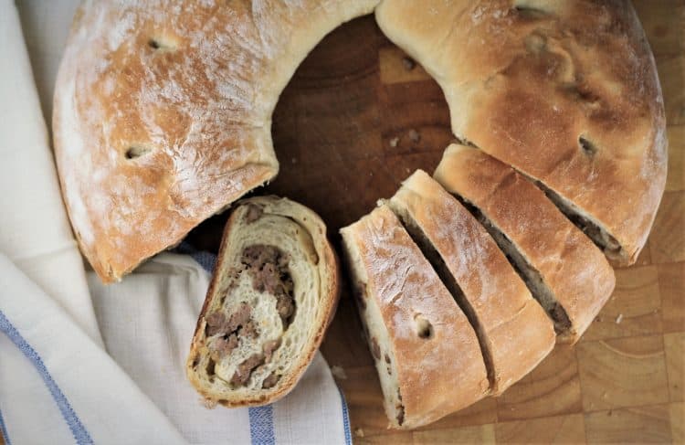 overhead view of sliced Sicilian Sausage Bread (Bignolati)