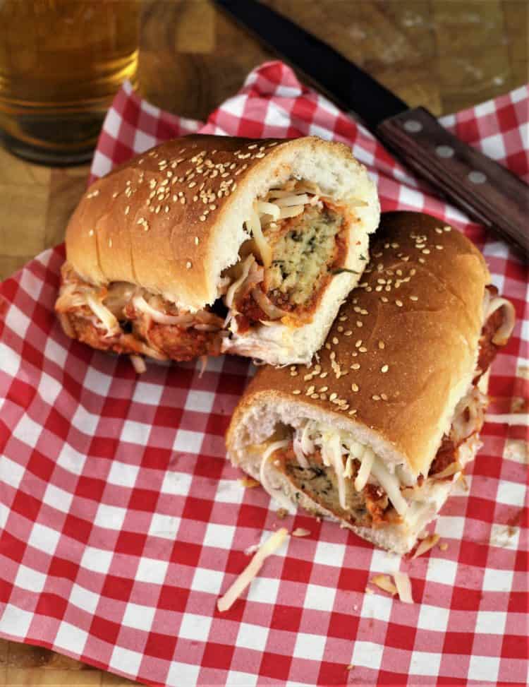 Eggplant Meatball Subs with Smoked Caciocavallo cut in half