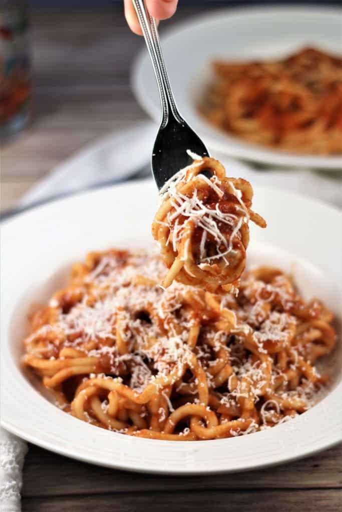 forkful of sicilian maccarruna pasta