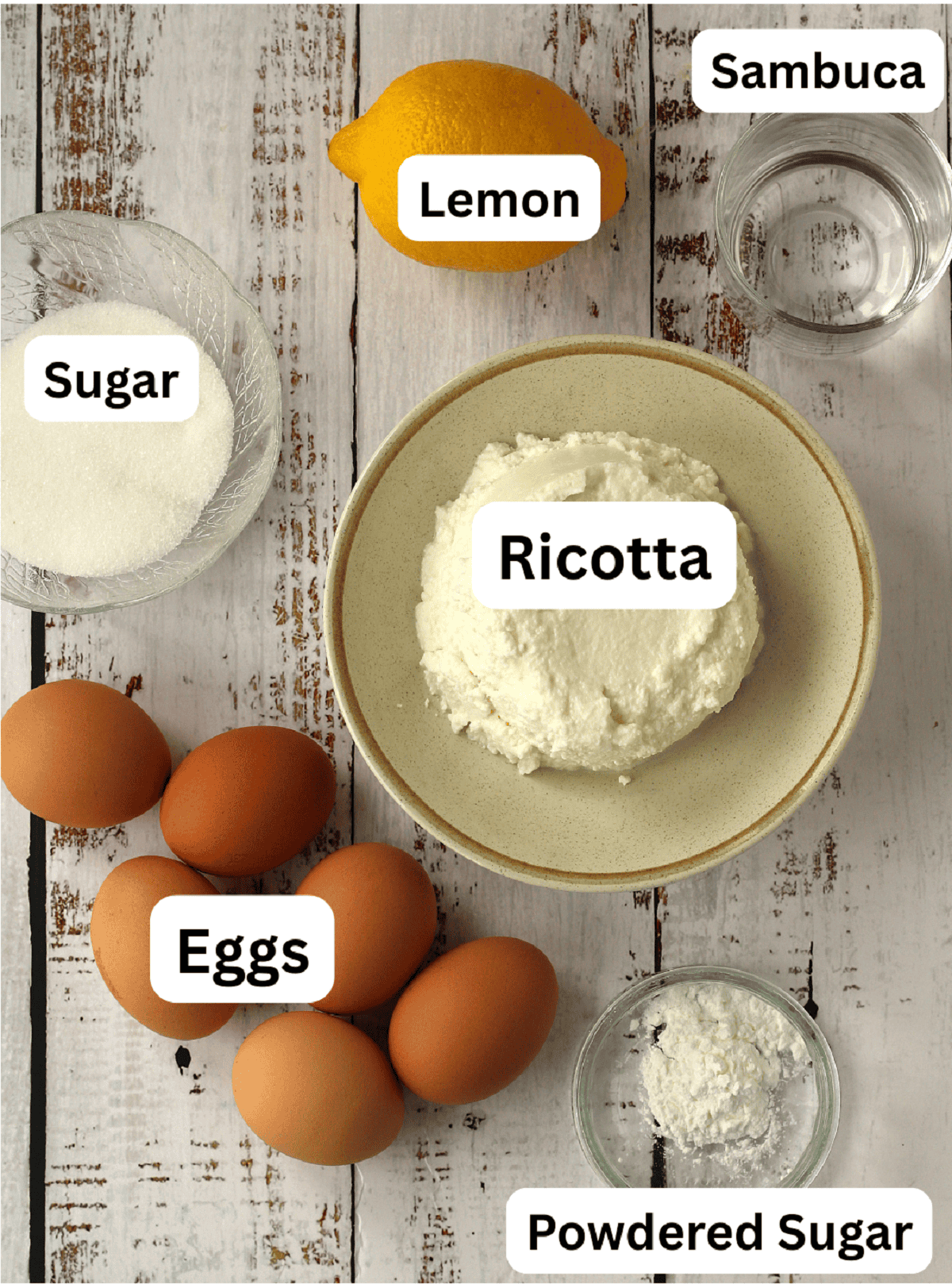 Ricotta, sambuca, lemon, sugar and eggs.