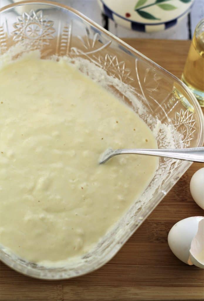 bowl with pancake batter with fork in it