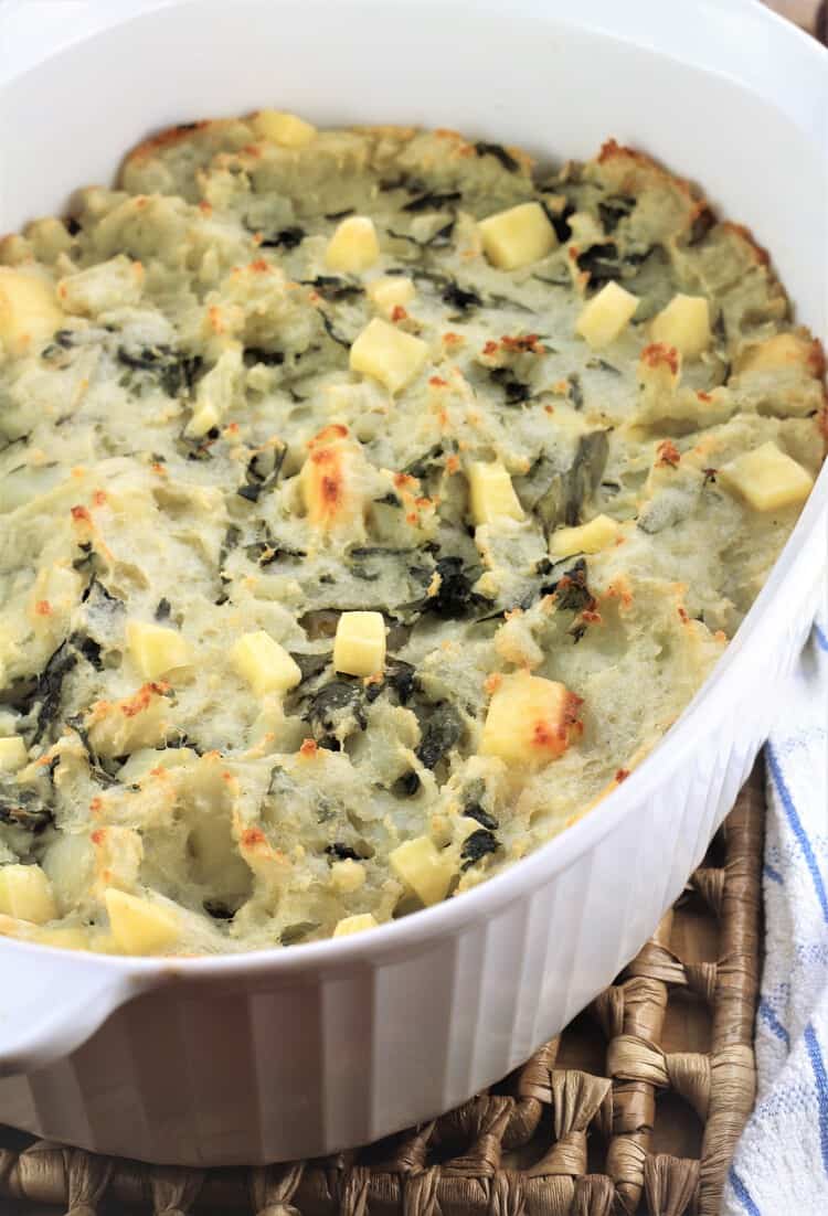 white casserole with cheesy swiss chard and potato casserole baked 