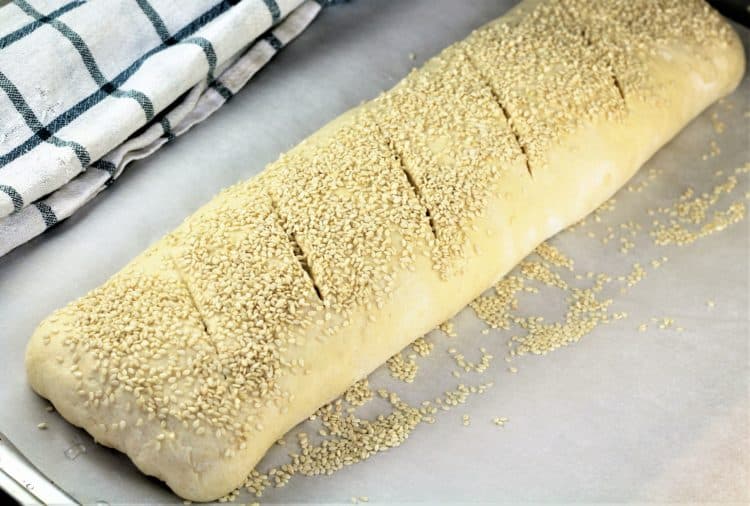 semolina bread dough covered with sesame seeds prior to baking 