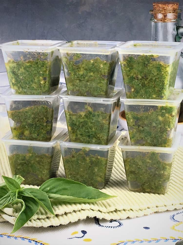 basil pesto in individual cubed containers stacked