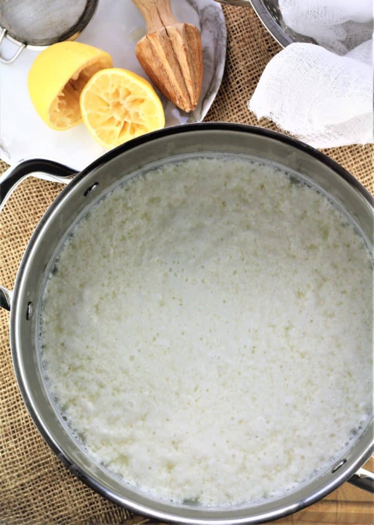 pot with ricotta curds and whey with halved juiced lemon and juicer behind it