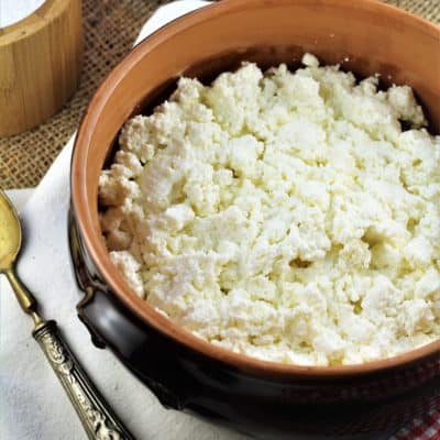 terra cotta bowl with fresh ricotta curds and spoon on side