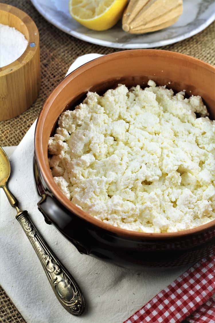 terra cotta bowl with fresh ricotta curds and spoon on side