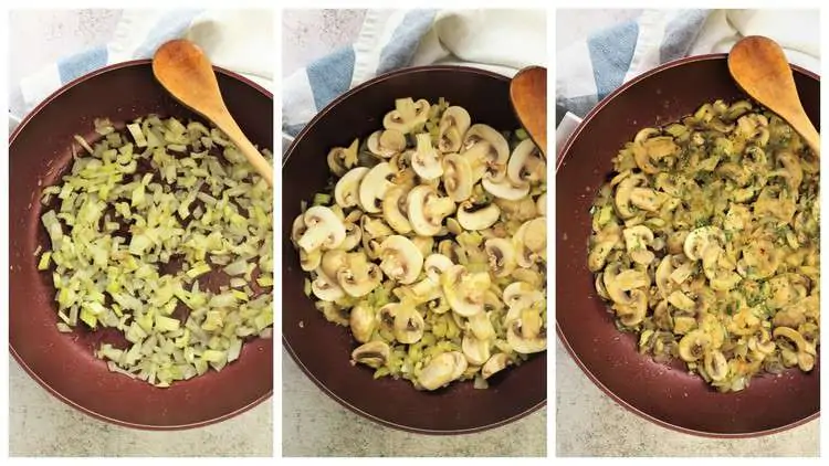 steps for sautéing celery, onions and mushrooms in skilletBacon Covered Turkey Roulade with Mushroom Filling