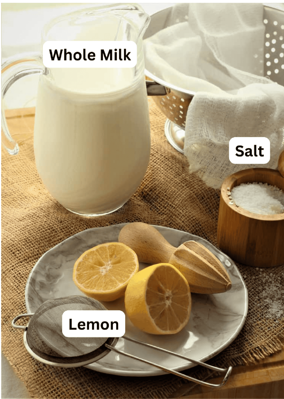 Pitcher of milk, halved lemon, salt, colander with cheese cloth.