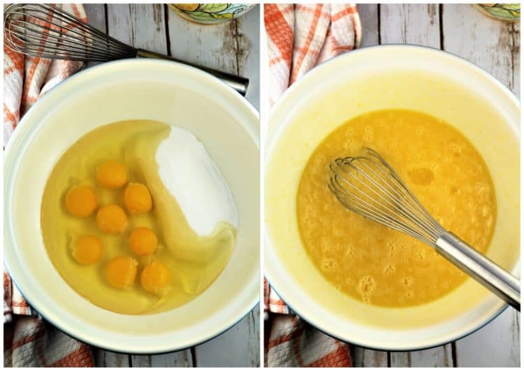 bowl of eggs sugar and oil before and after being whisked 