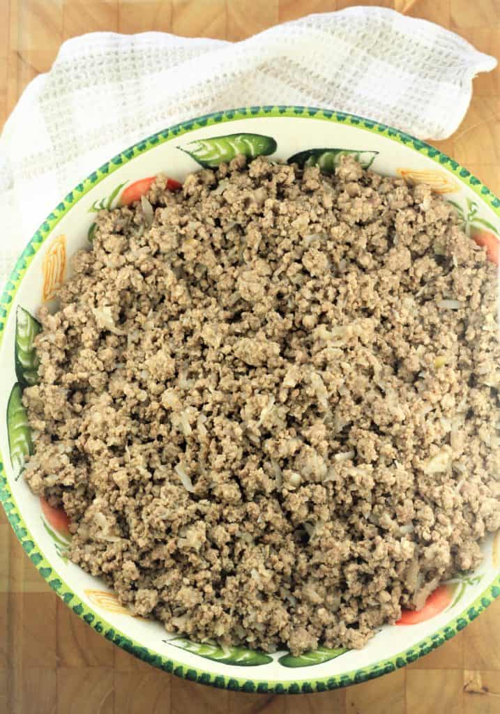 large bowl with ground meat mixture for tourtière