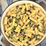 large skillet filled with zucchini mushroom pasta