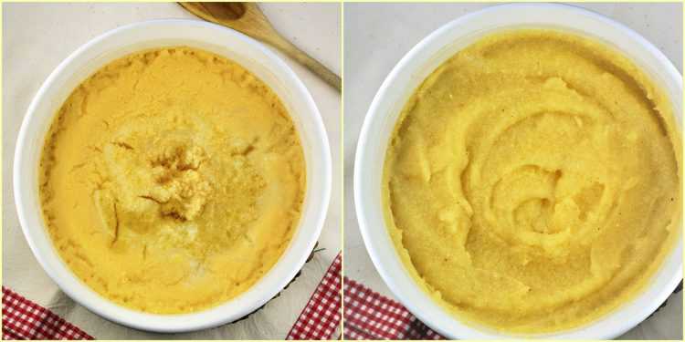 white casserole filled with creamy polenta out of the oven and second image with stirred polenta
