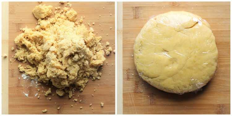 shaping crumbly dough into a disk