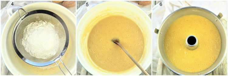 step by step stirring dry ingredients into cake batter