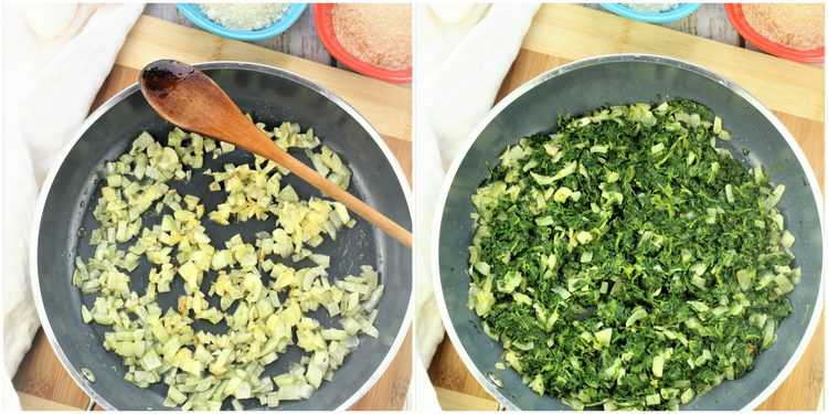 sauted onions in first image, spinach added to skillet in second image