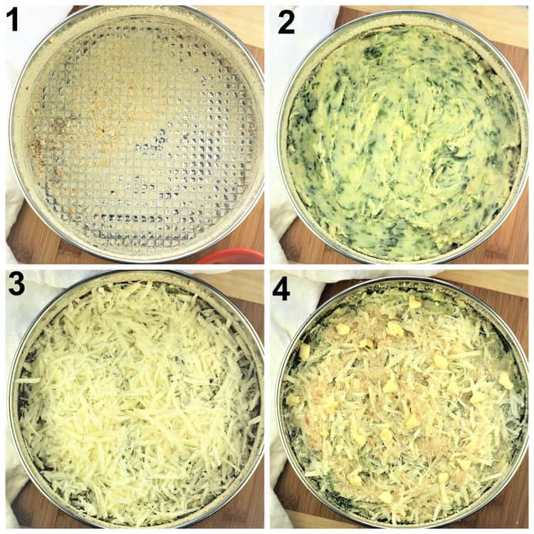 step by step images assembling potato and spinach gateau