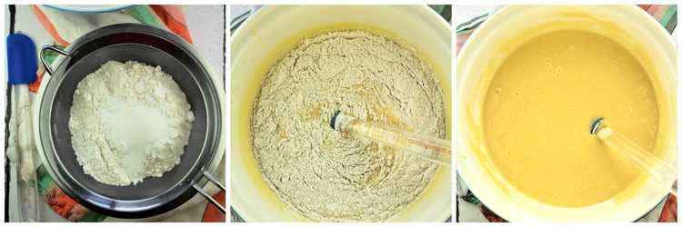 step by step images for sifting flour into cake batter