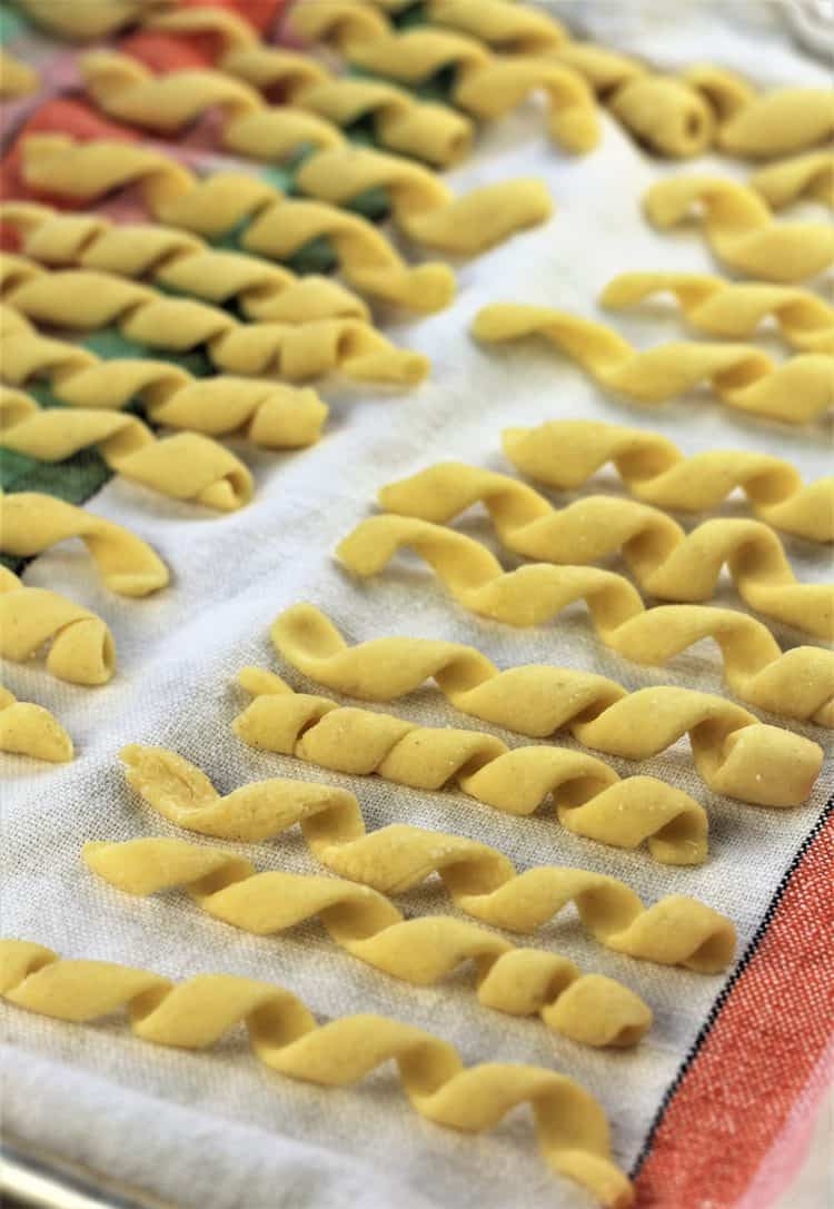 tray of homemade busiate pasta 