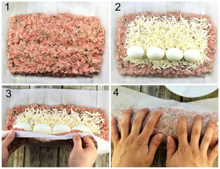 step by stem images for rolling polpettone stuffed with hard boiled eggs and grated cheese