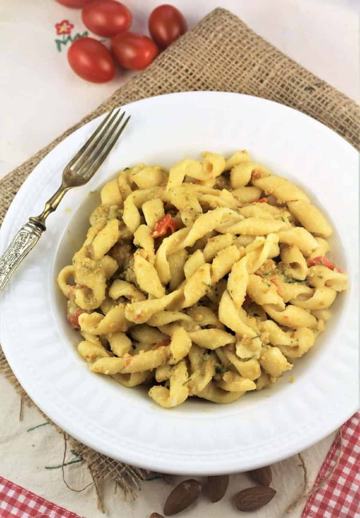 Pesto alla Trapanese (Sicilian Pesto) Busiate pasta served with pesto alla Trapanese.