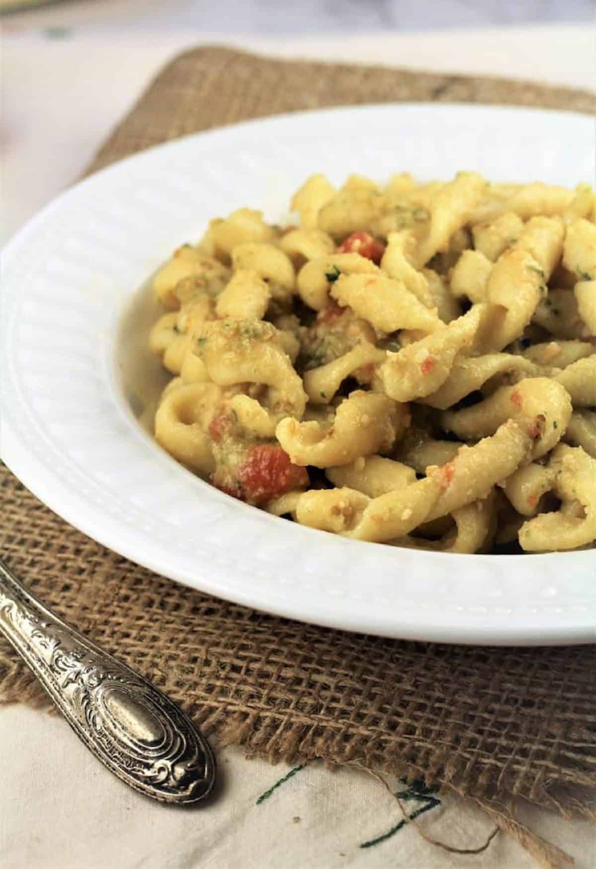 Pesto alla Trapanese (Sicilian Pesto) Bowl of busiate pasta with Sicilian pesto alla Trapanese.