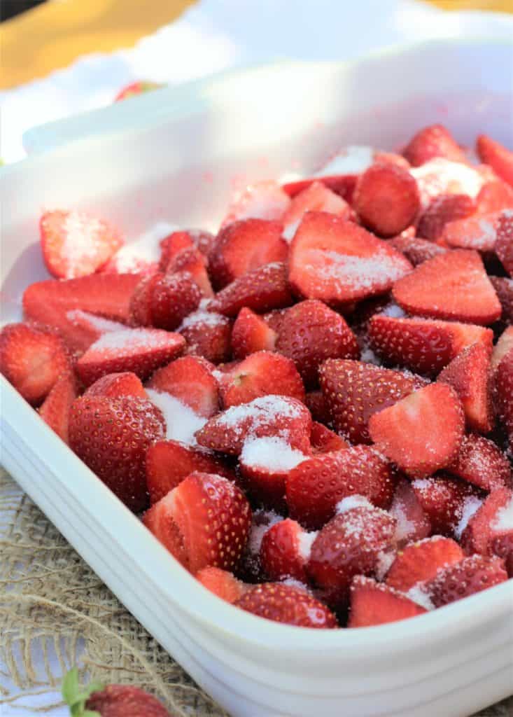 white square plate with strawberry halves sprinkled with sugar