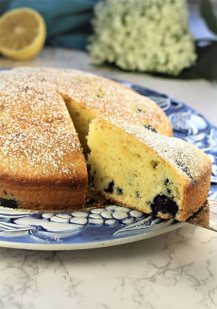 blueberry olive oil cake wedge served from blue and white cake plate