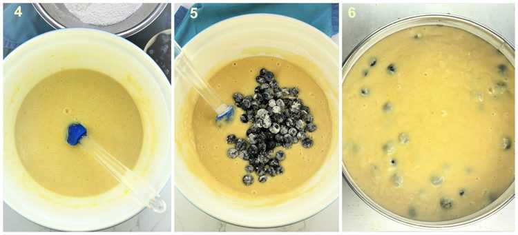 step by step images of cake batter with blueberries in large mixing bowl