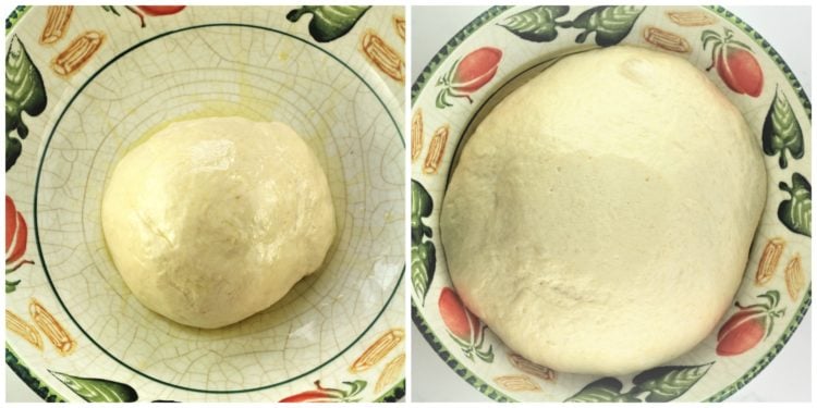 before and after images of dough rising in large bowlSwiss Chard filled Pizza (Pizza con bietole)Swiss Chard filled Pizza (Pizza con bietole)