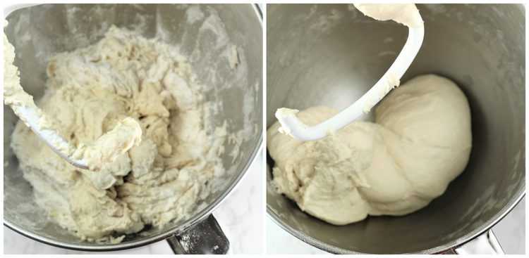 preparing dough in a stand mixer with dough hook attachment