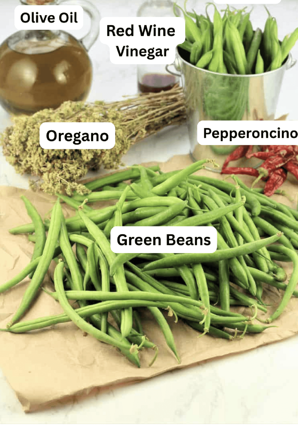 Italian Green Bean Salad Green beans, red chilis; oregano, and olive oil.