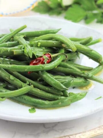 Italian green bean salad on plate.