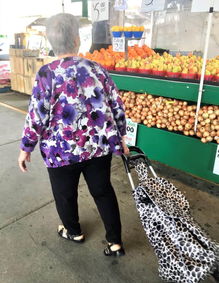 nonna pulling grocery cart in market